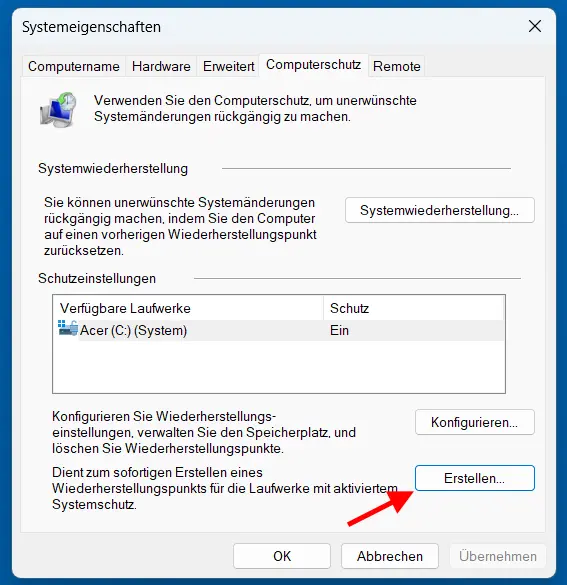 Manuellen Wiederherstellungspunkt in Windows erstellen Wiederherstellungspunkt erstellen: Klick auf den Button Erstellen in den Windows Systemeigenschaften, um einen Wiederherstellungspunkt manuell zu setzen.
