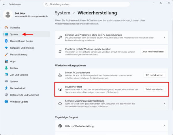Erweiterter Start in Windows 11 als Vorbereitung für den abgesicherten Modus