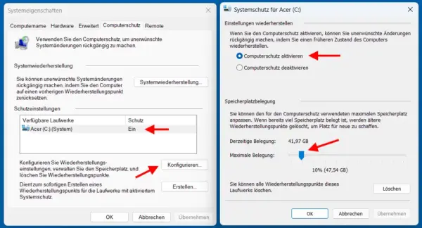 Einstellungen für den Windows Computerschutz Windows Computerschutz aktivieren und Speicherplatz für Wiederherstellungspunkte konfigurieren.