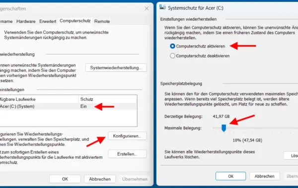 Windows Computerschutz aktivieren und Speicherplatz für Wiederherstellungspunkte konfigurieren.