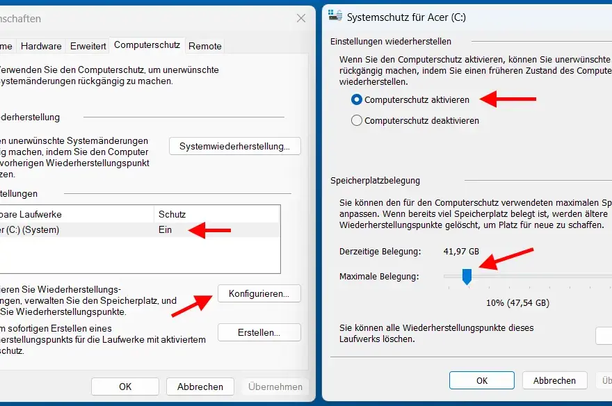 Windows Computerschutz aktivieren und Speicherplatz für Wiederherstellungspunkte konfigurieren.