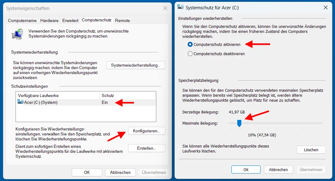 Windows Computerschutz aktivieren und Speicherplatz für Wiederherstellungspunkte konfigurieren.