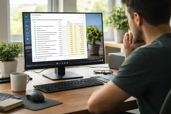 Hintergrunddienste in Windows verstehen – warum sie die Leistung beeinflussen Windows-PC mit geöffnetem Task-Manager und laufenden Hintergrunddiensten zur Erklärung der Systemleistung