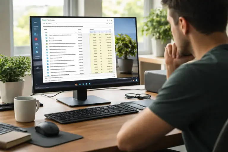 Windows-PC mit geöffnetem Task-Manager und laufenden Hintergrunddiensten zur Erklärung der Systemleistung