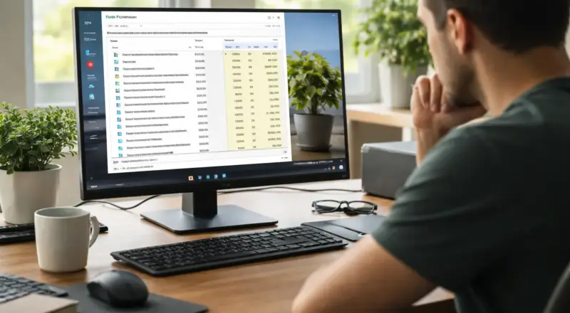 Windows-PC mit geöffnetem Task-Manager und laufenden Hintergrunddiensten zur Erklärung der Systemleistung