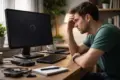 Mann sitzt frustriert vor einem PC mit schwarzem Bildschirm – typische Ursachen für Windows Startprobleme