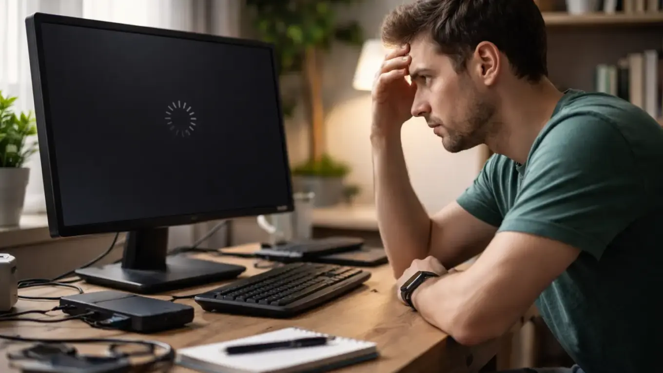 Mann sitzt frustriert vor einem PC mit schwarzem Bildschirm – typische Ursachen für Windows Startprobleme