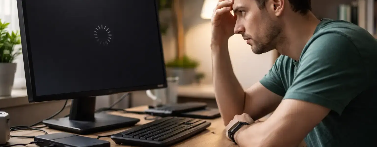 Mann sitzt frustriert vor einem PC mit schwarzem Bildschirm – typische Ursachen für Windows Startprobleme