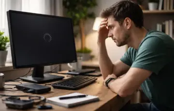 Mann sitzt frustriert vor einem PC mit schwarzem Bildschirm – typische Ursachen für Windows Startprobleme