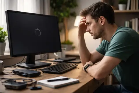 Mann sitzt frustriert vor einem PC mit schwarzem Bildschirm – typische Ursachen für Windows Startprobleme