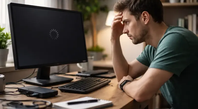 Mann sitzt frustriert vor einem PC mit schwarzem Bildschirm – typische Ursachen für Windows Startprobleme