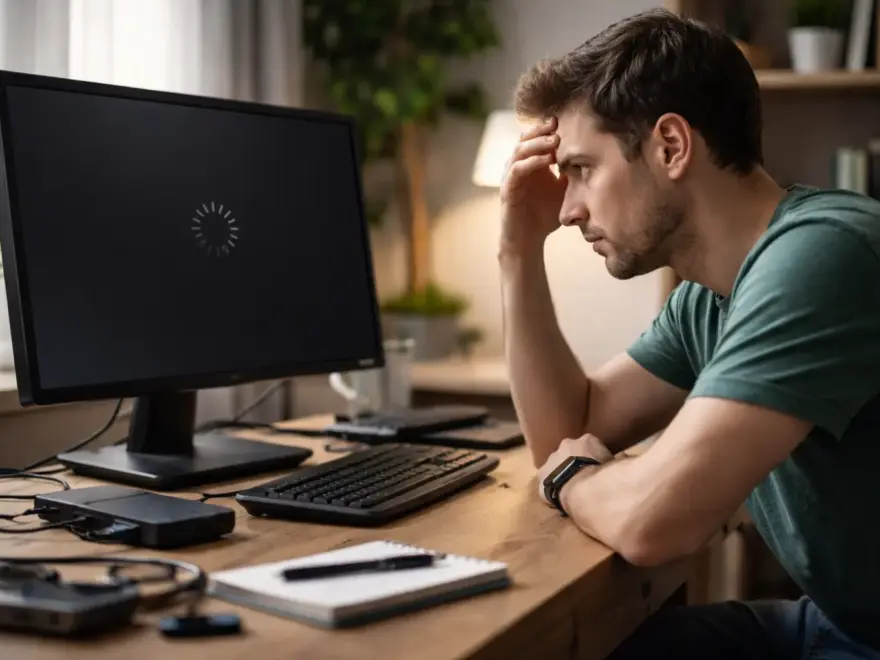Mann sitzt frustriert vor einem PC mit schwarzem Bildschirm – typische Ursachen für Windows Startprobleme