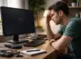 Mann sitzt frustriert vor einem PC mit schwarzem Bildschirm – typische Ursachen für Windows Startprobleme