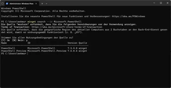 Effiziente Paketverwaltung im Windows Terminal Windows Terminal zeigt eine Update-Suche für PowerShell via winget Befehl.