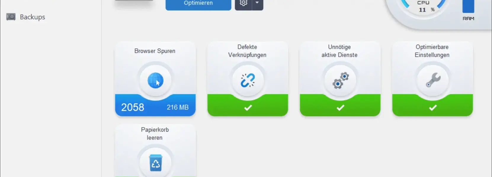 Dashboard der Ashampoo WinOptimizer 2026 Systemanalyse mit gefundenen Browser-Spuren und CPU-Auslastung