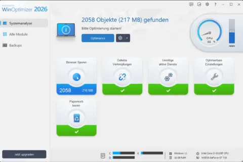 Dashboard der Ashampoo WinOptimizer 2026 Systemanalyse mit gefundenen Browser-Spuren und CPU-Auslastung