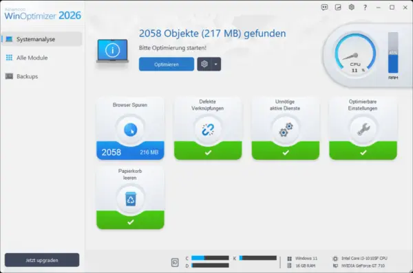 Dashboard der Ashampoo WinOptimizer 2026 Systemanalyse mit gefundenen Browser-Spuren und CPU-Auslastung