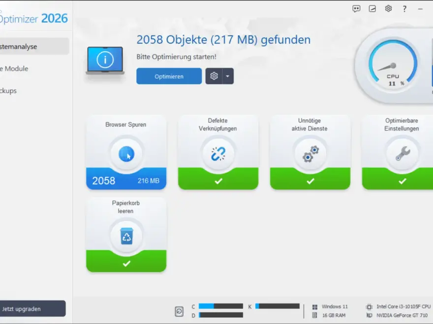 Dashboard der Ashampoo WinOptimizer 2026 Systemanalyse mit gefundenen Browser-Spuren und CPU-Auslastung