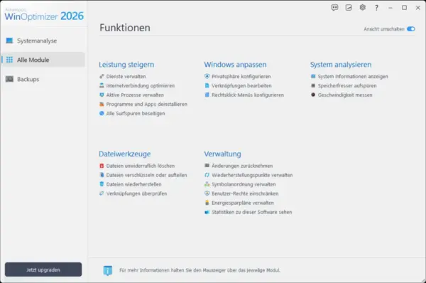Übersicht der Funktionen im Ashampoo WinOptimizer 2026 zur Leistungssteigerung und System-Analyse