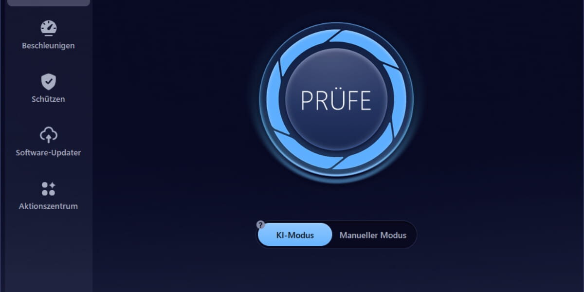 Benutzeroberfläche von Advanced SystemCare 19 PRO mit KI-Modus und zentralem Scan-Button