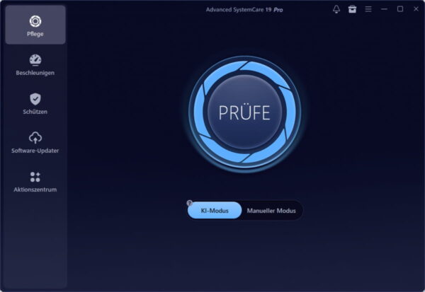 Advanced SystemCare 19 PRO – Dashboard im Überblick Benutzeroberfläche von Advanced SystemCare 19 PRO mit KI-Modus und zentralem Scan-Button
