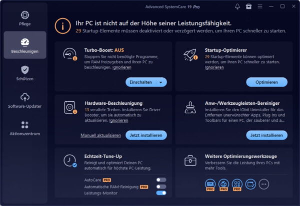 Turbo Boost und Startup-Optimierer in Advanced SystemCare 19 PRO Performance-Bereich von Advanced SystemCare 19 PRO mit Turbo Boost und Startup-Optimierung