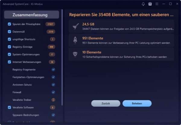 Reinigungsergebnis von Advanced SystemCare 19 PRO im Überblick Zusammenfassung der Reinigung in Advanced SystemCare 19 PRO mit Speicherfreigabe