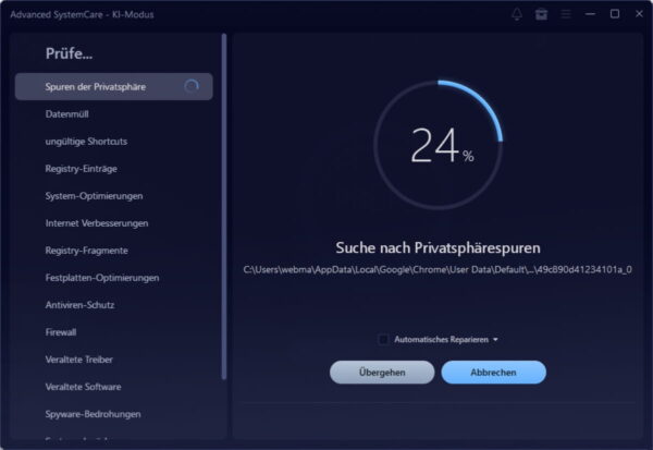 Scan-Vorgang im KI-Modus von Advanced SystemCare 19 PRO Advanced SystemCare 19 PRO beim Scan nach Privatsphäre-Spuren im KI-Modus