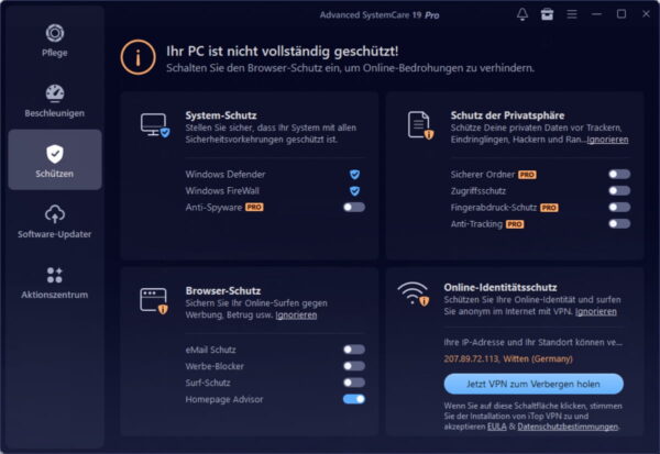 Sicherheitsfunktionen von Advanced SystemCare 19 PRO im Überblick Sicherheits- und Datenschutzbereich von Advanced SystemCare 19 PRO mit System- und Browser-Schutz