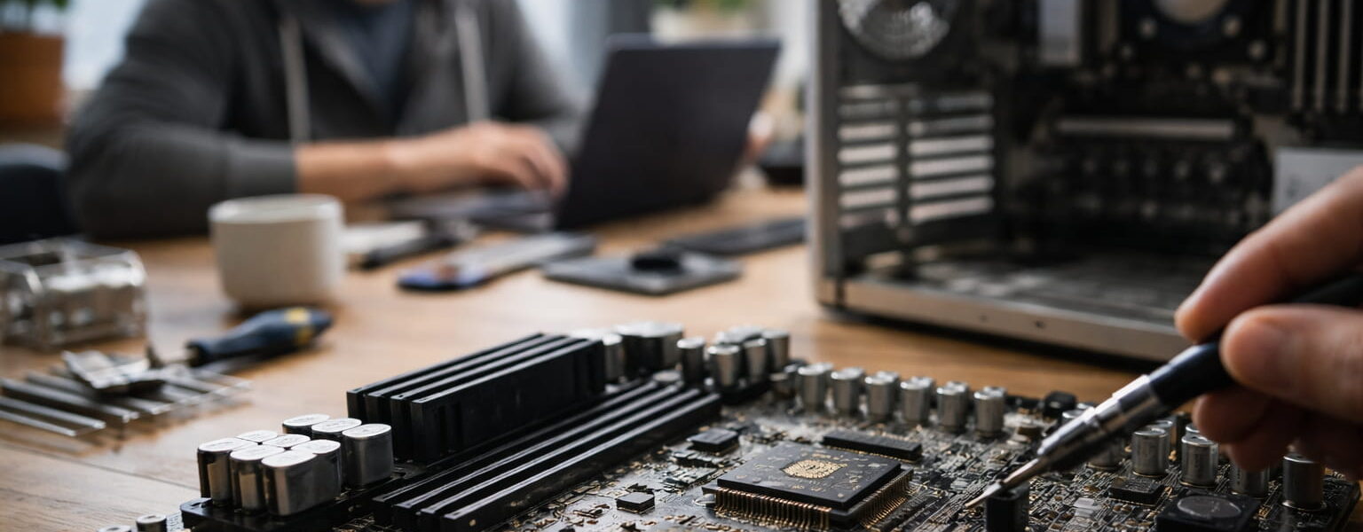 BIOS-Chip auf einem Mainboard während der Hardware-Initialisierung