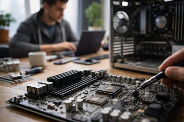 BIOS-Chip auf einem Mainboard während der Hardware-Initialisierung