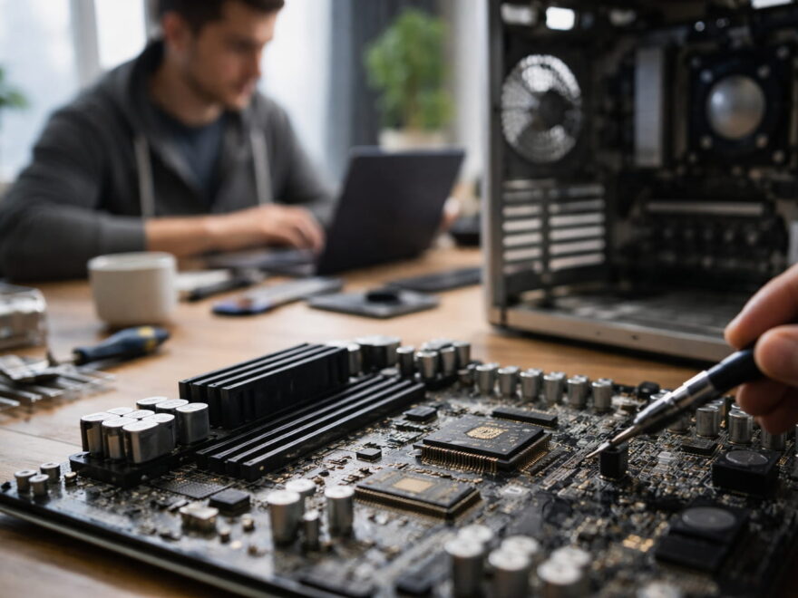 BIOS-Chip auf einem Mainboard während der Hardware-Initialisierung