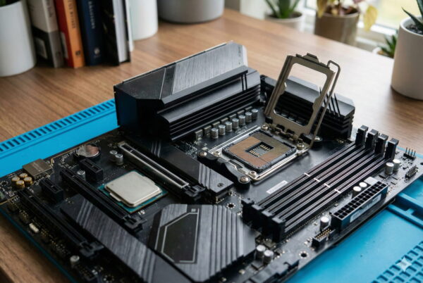 CPU-Sockel auf einem Mainboard mit danebenliegendem Prozessor