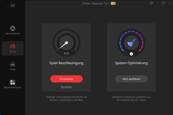 Boost-Funktionen von Driver Booster 13 PRO im Überblick Driver Booster 13 PRO Boost-Bereich mit Spiel-Beschleunigung und System-Optimierung unter Windows 11
