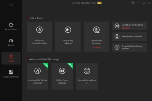 Werkzeuge und Reparaturfunktionen in Driver Booster 13 PRO Driver Booster 13 PRO Tools-Bereich mit Hot Fix Tools und Offline Driver Updater unter Windows 11