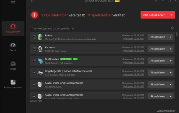 Driver Booster 13 PRO Scan-Ergebnis mit 23 veralteten Treibern auf Windows 11 Notebook
