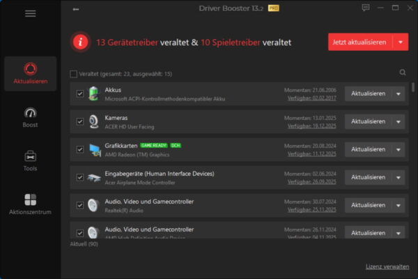 Driver Booster 13 PRO Scan-Ergebnis mit 23 veralteten Treibern auf Windows 11 Notebook
