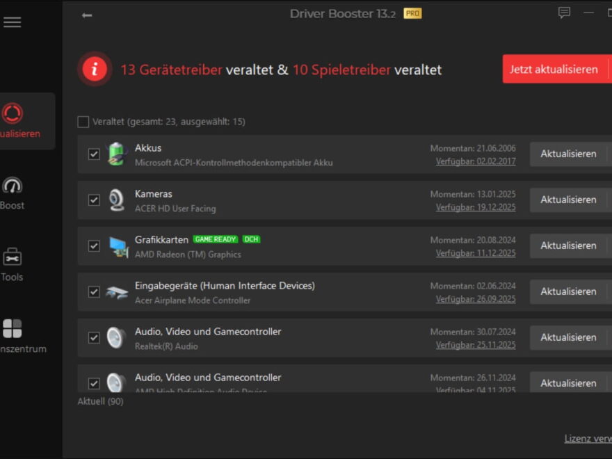 Driver Booster 13 PRO Scan-Ergebnis mit 23 veralteten Treibern auf Windows 11 Notebook