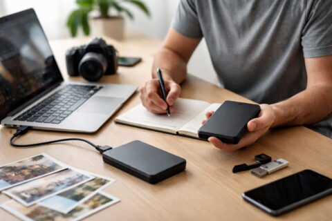 Externe Festplatte kaufen: Nutzer überlegt am Schreibtisch den passenden Einsatzzweck