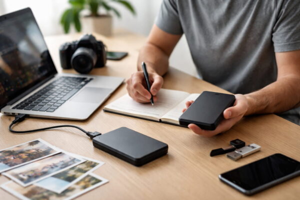 Externe Festplatte kaufen: Nutzer überlegt am Schreibtisch den passenden Einsatzzweck