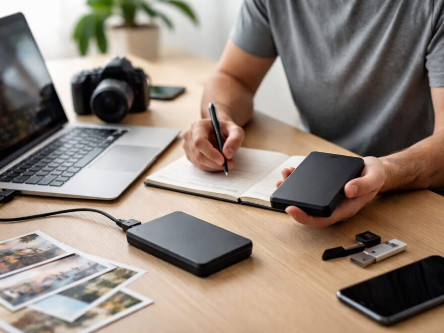 Externe Festplatte kaufen: Nutzer überlegt am Schreibtisch den passenden Einsatzzweck