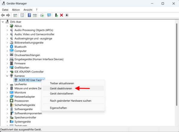 Windows Geräte-Manager: Kamera vollständig deaktivieren Kamerazugriff deaktivieren im Geräte-Manager von Windows – Kamera-Gerät deaktivieren