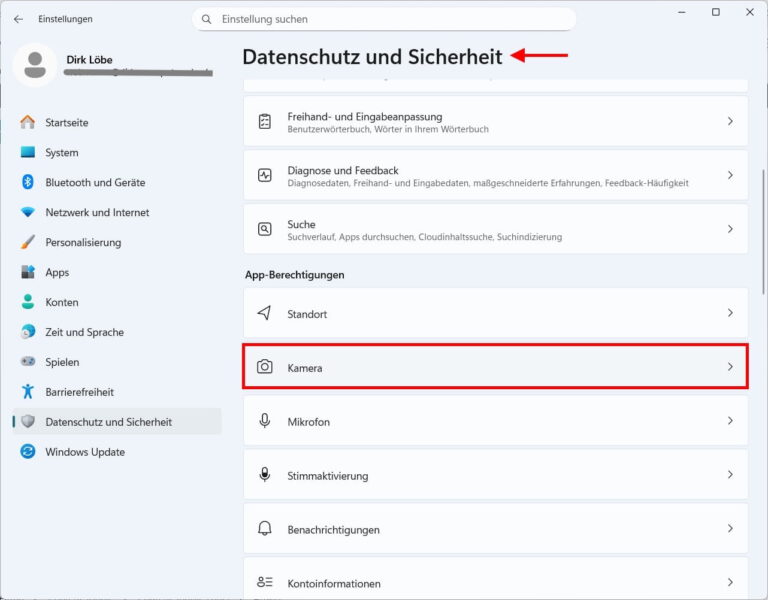 Kamerazugriff deaktivieren in Windows 11 über Datenschutz und Sicherheit – Kamera-Einstellungen