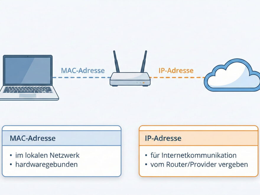 Grafische Darstellung des Unterschieds zwischen MAC-Adresse und IP-Adresse im Heimnetzwerk