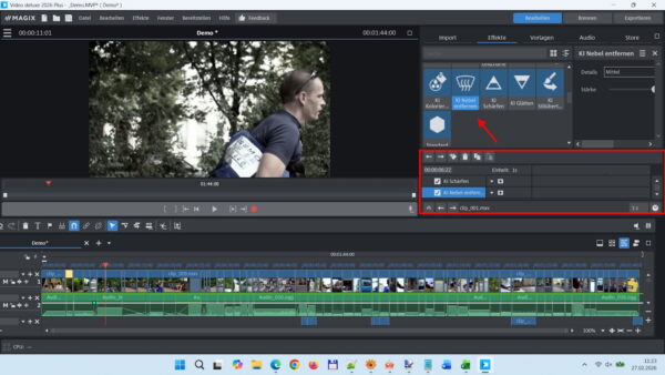Auswahl der KI-Effekte in MAGIX Video deluxe 2026 wie Nebel entfernen und Schärfen in der Effekt-Übersicht.