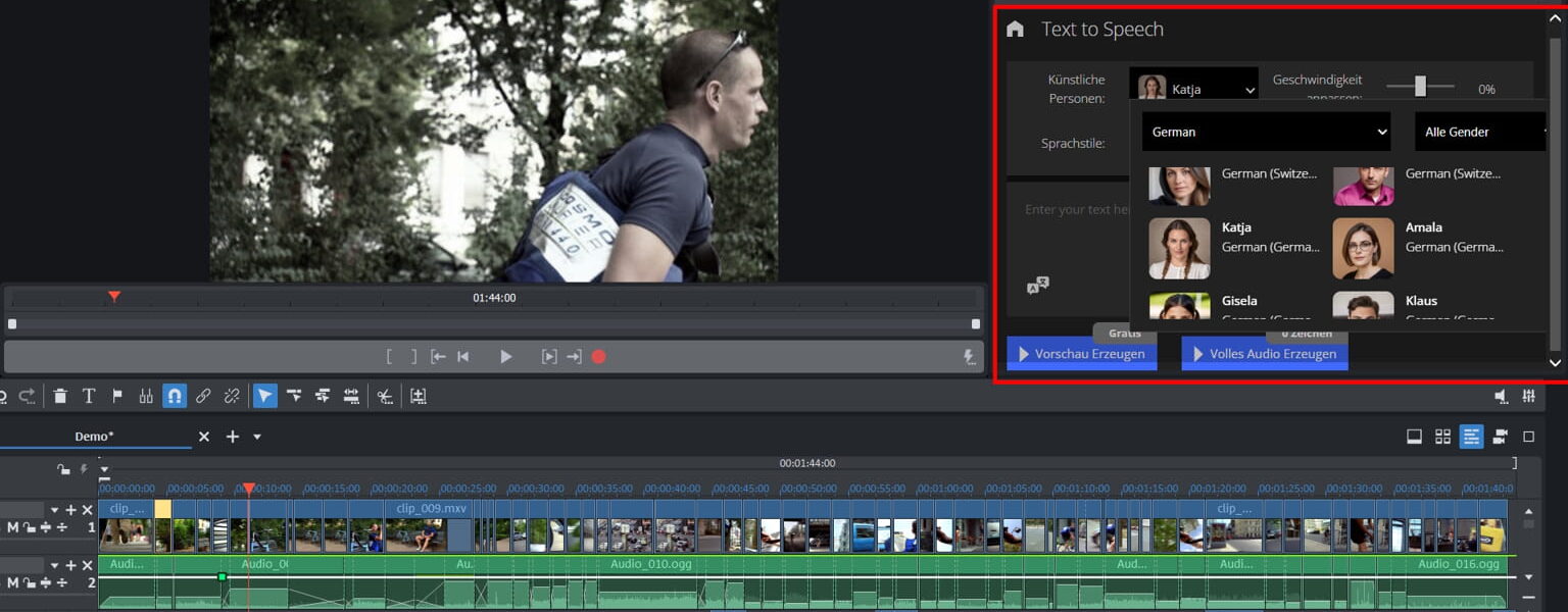 Die Text-to-Speech Funktion in MAGIX Video deluxe 2026 mit Auswahl verschiedener KI-Stimmen wie Katja oder Amala.
