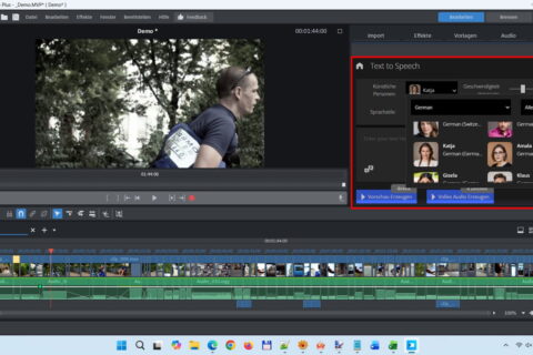 Die Text-to-Speech Funktion in MAGIX Video deluxe 2026 mit Auswahl verschiedener KI-Stimmen wie Katja oder Amala.
