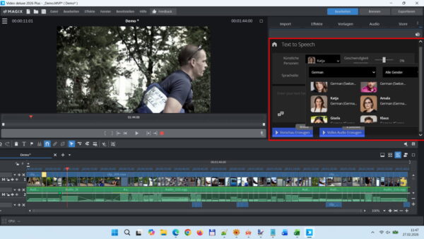 Die Text-to-Speech Funktion in MAGIX Video deluxe 2026 mit Auswahl verschiedener KI-Stimmen wie Katja oder Amala.