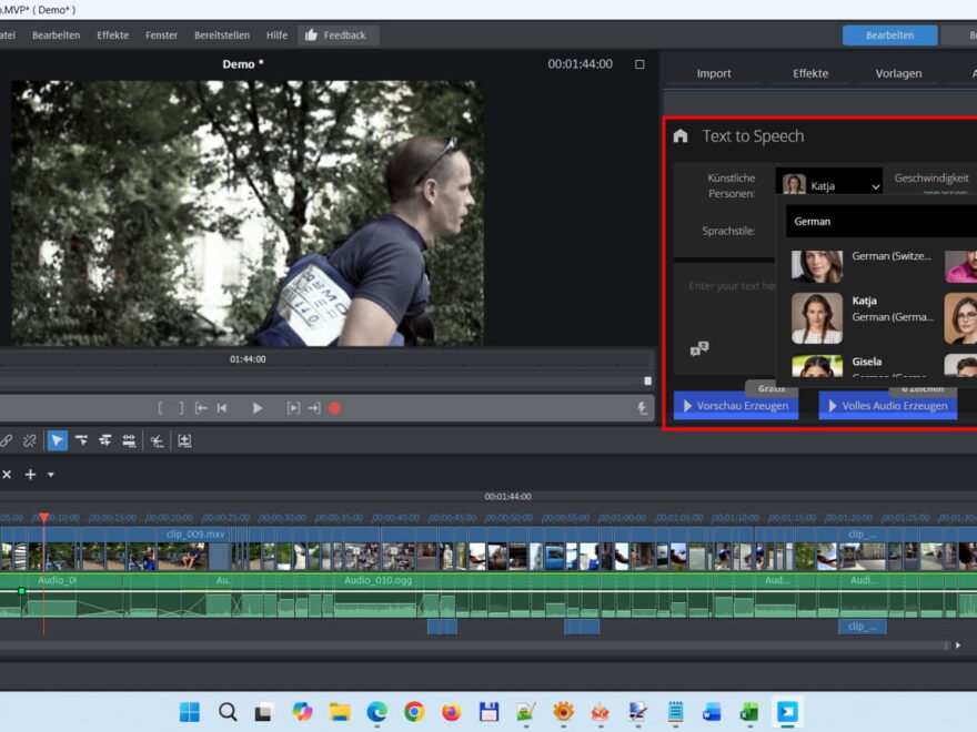 Die Text-to-Speech Funktion in MAGIX Video deluxe 2026 mit Auswahl verschiedener KI-Stimmen wie Katja oder Amala.