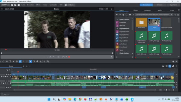 Benutzeroberfläche von MAGIX Video deluxe 2026 Plus mit Timeline und Vorschaumonitor.
